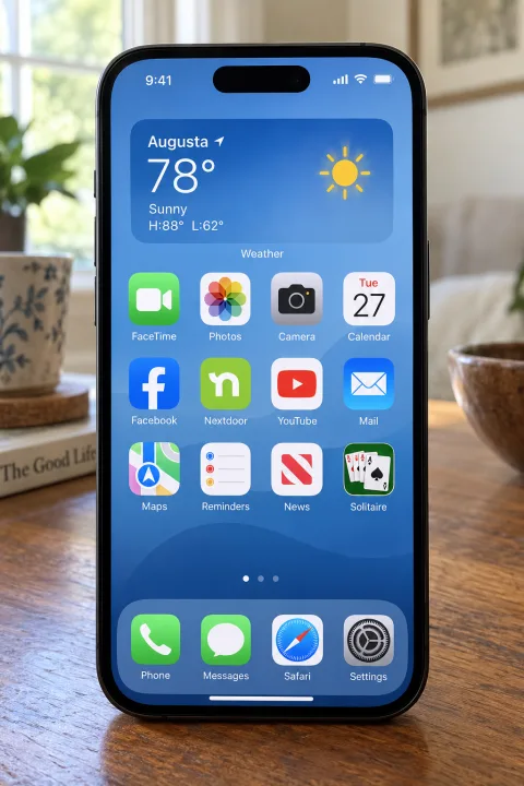 An iPhone with familiar apps for photos, email, video calls and messages